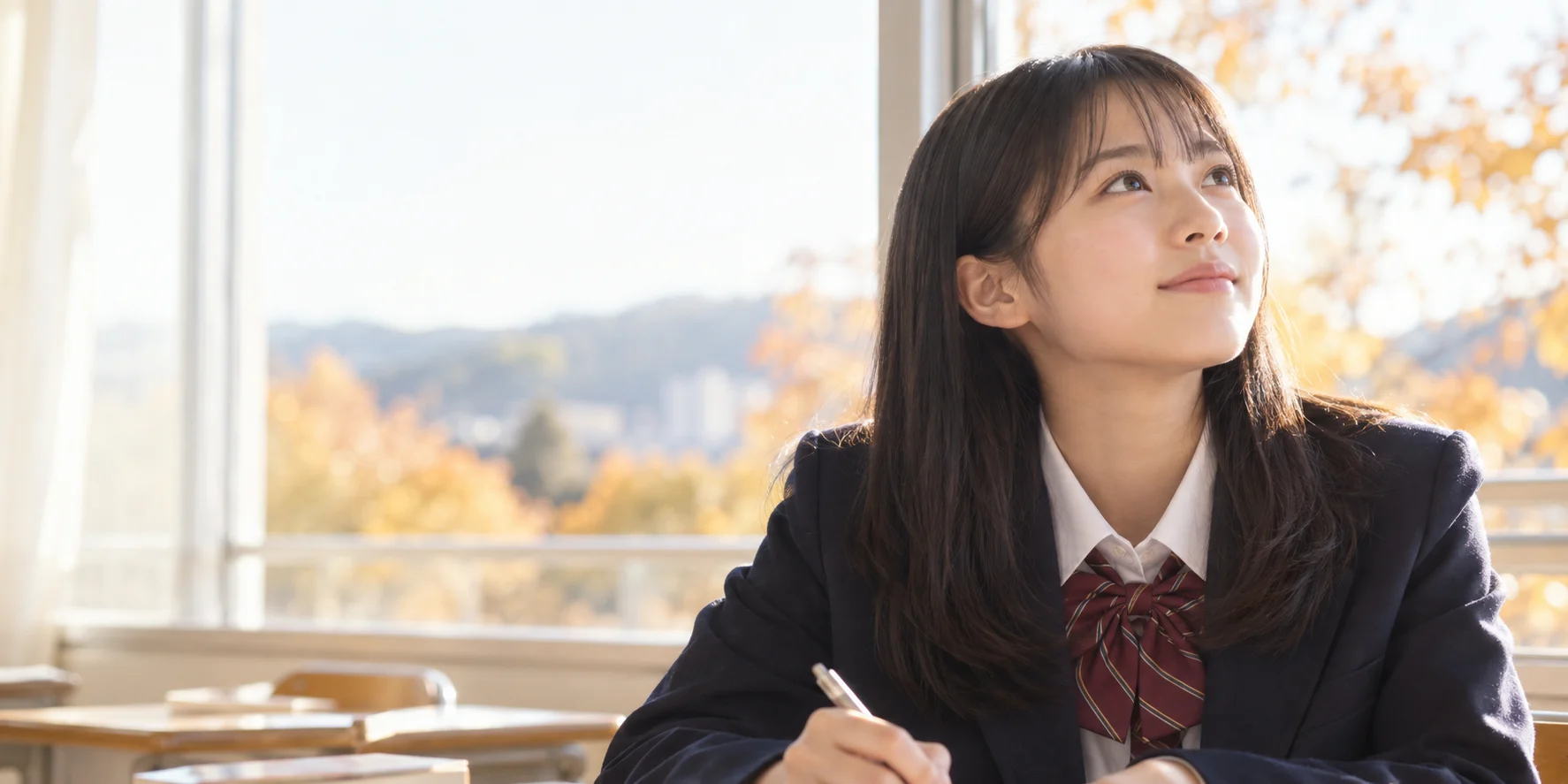 秋の教室で前向きに学習する高校生